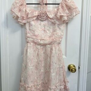 Off shoulder ruffle dress with halter neck tie